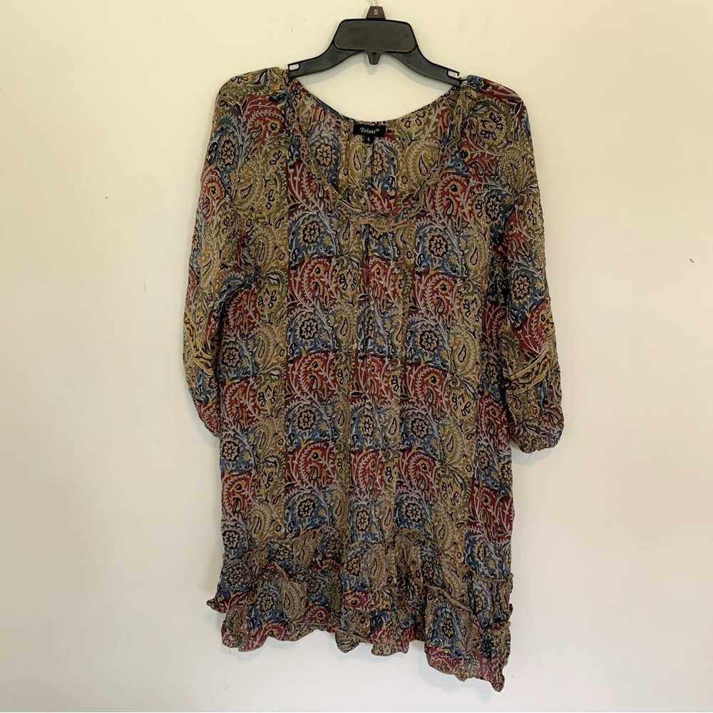 Tolani Anthropologie Silk Patterned Ruffle Hem Tunic Dress‎ Long Sleeve Sz Large
